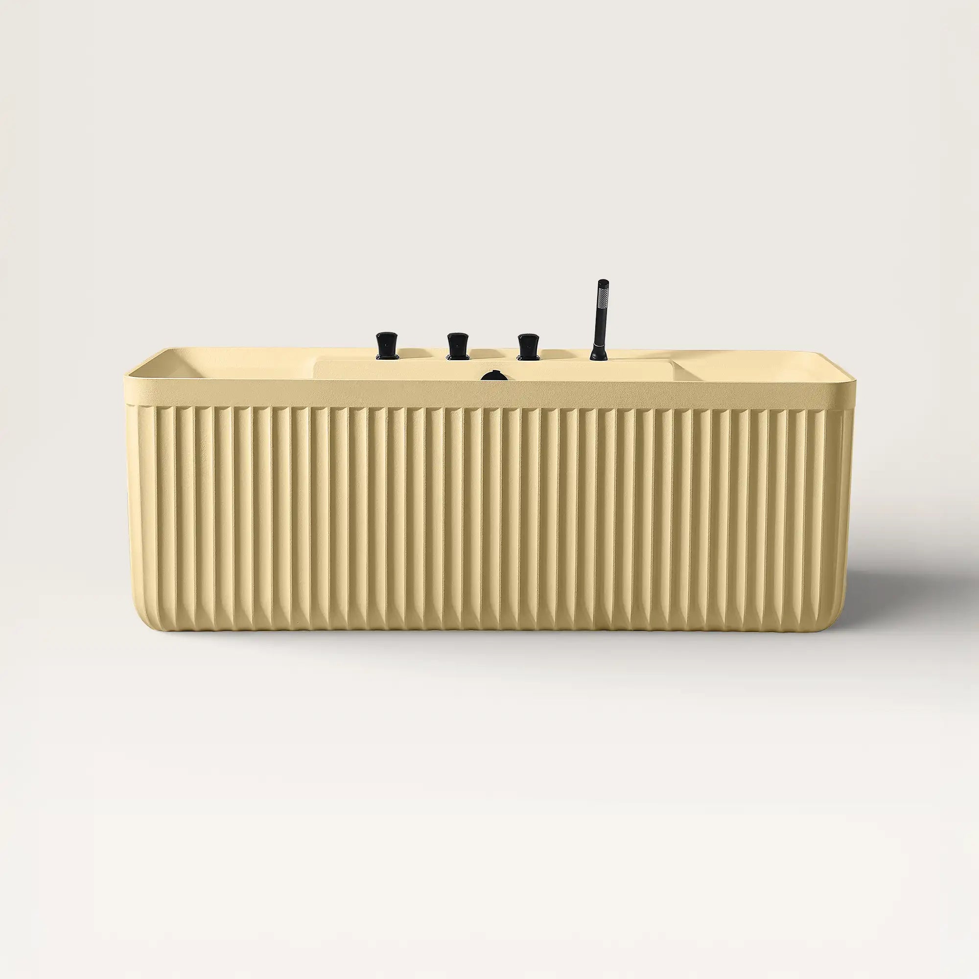 Front view of the Kolpa back-to wall bath with black tapware in caramel