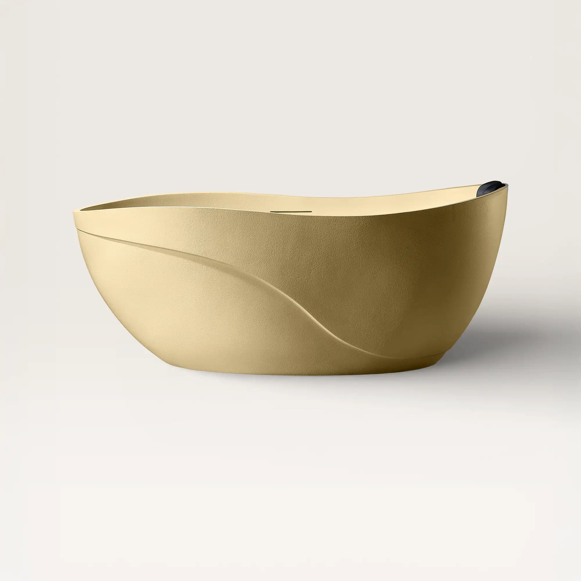 Front view of the Soma freestanding bath in caramel with a black magnetic pillow