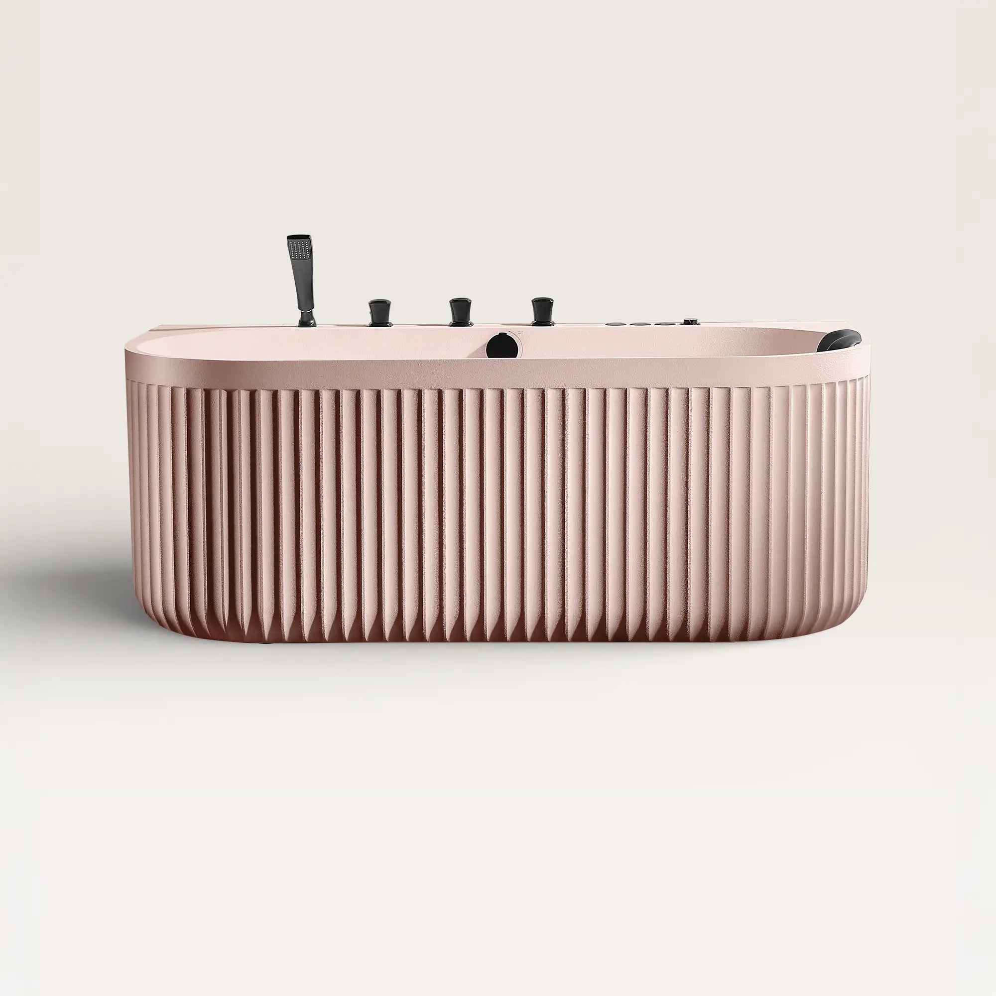 Front view of the DORIA Spa Bath in pink with black tapware