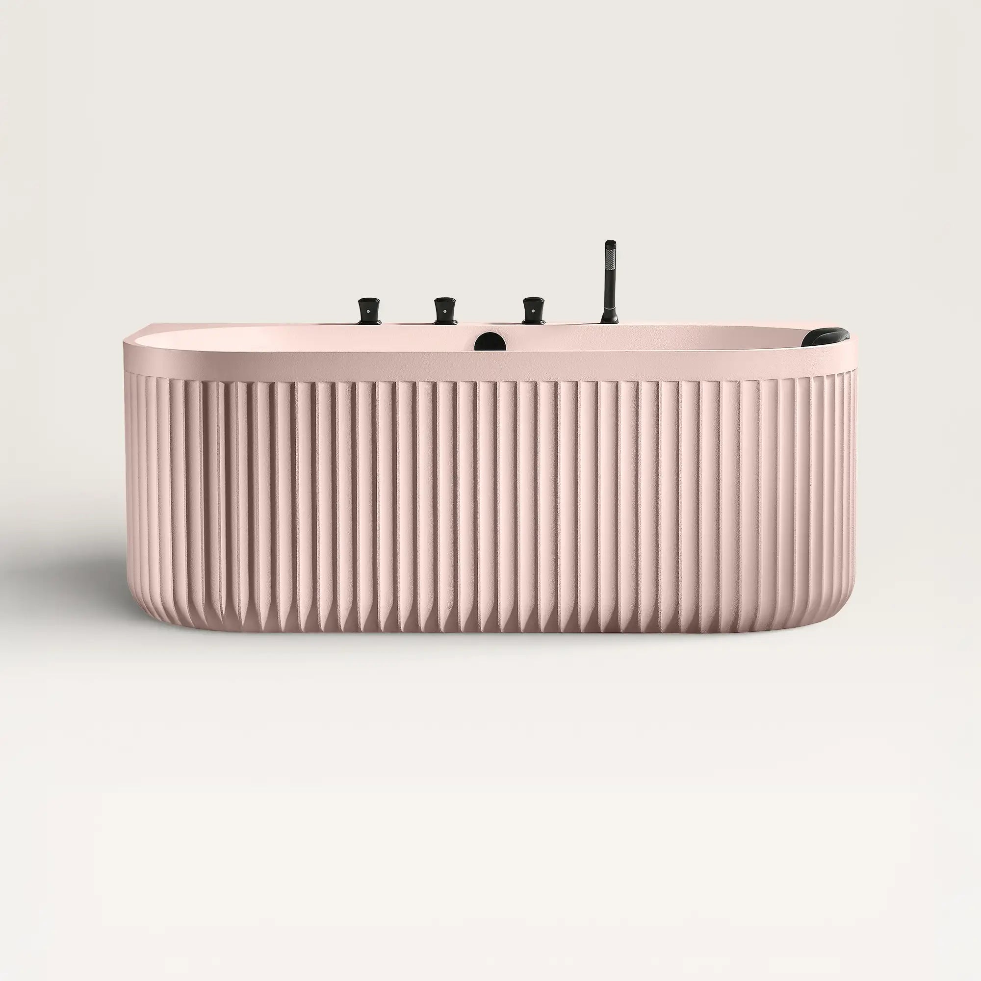 Front view of the DORIA Back-to-Wall Bath with Faucet in pink with black tapware