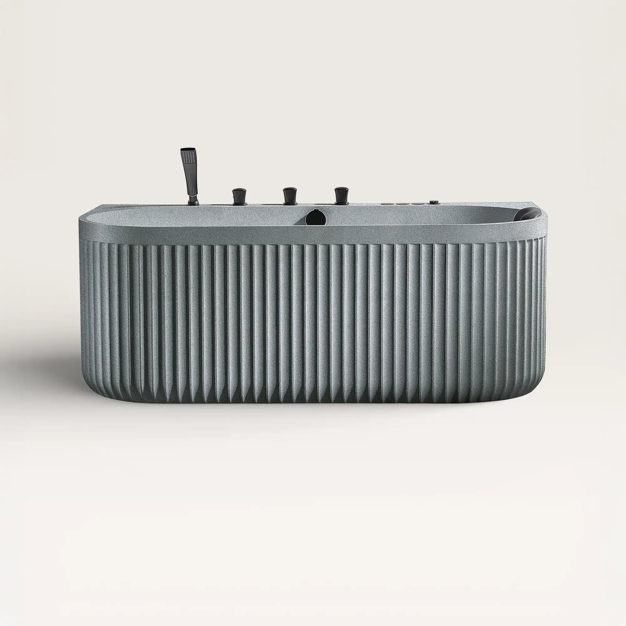Front view of the DORIA Spa Bath in granite-grey with black tapware