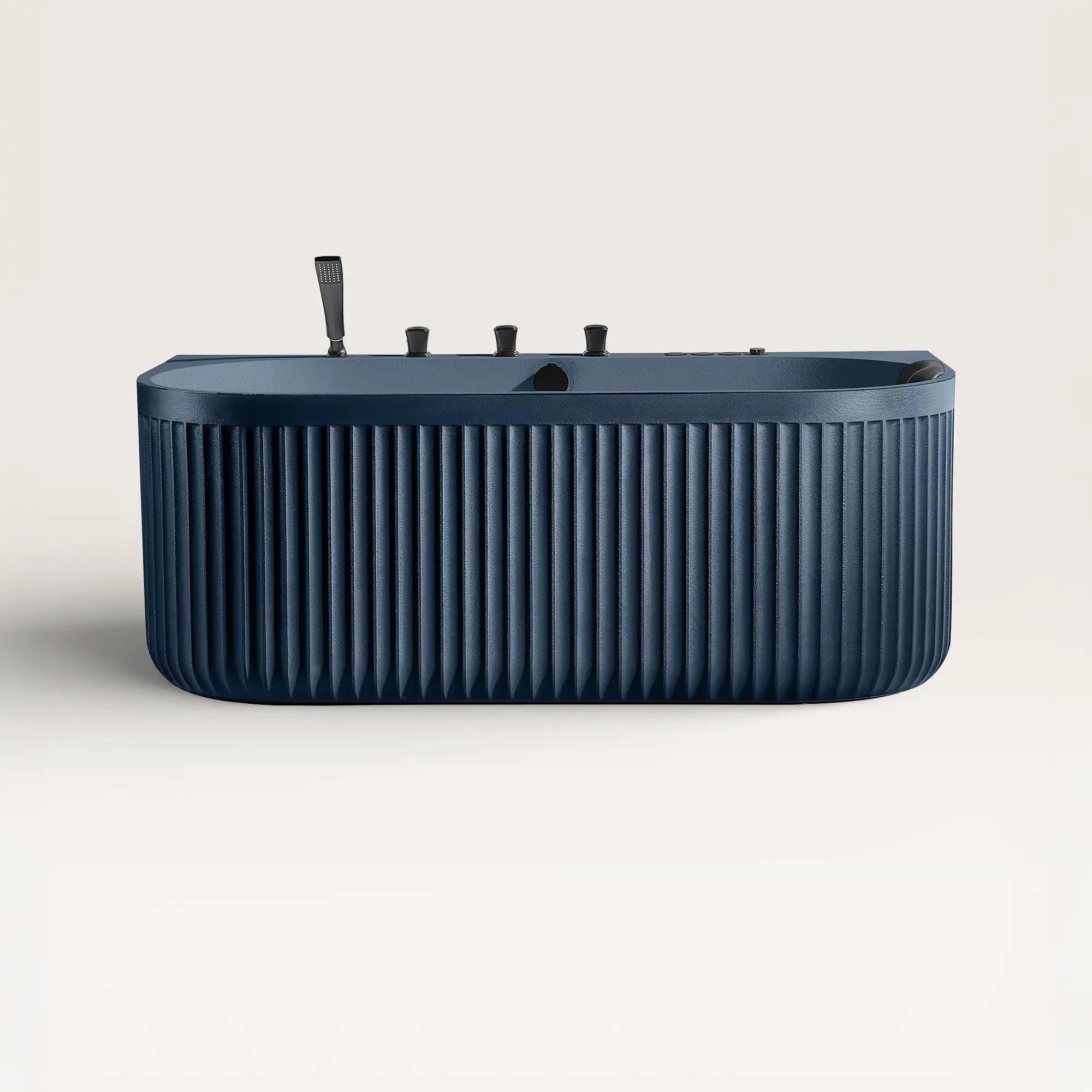 Front view of the DORIA Spa Bath in prussian blue with black tapware