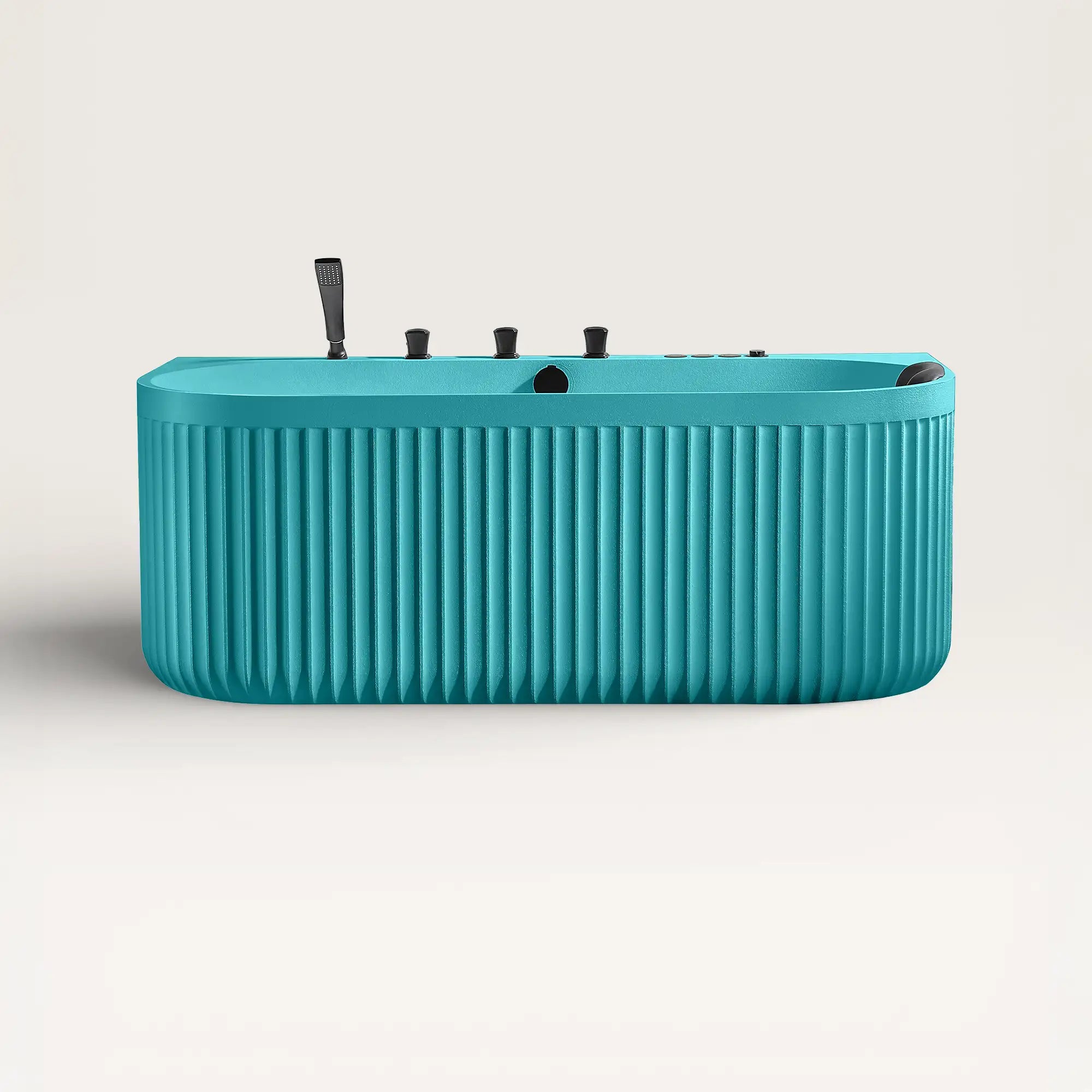 Front view of the DORIA Spa Bath in celadon-blue with black tapware