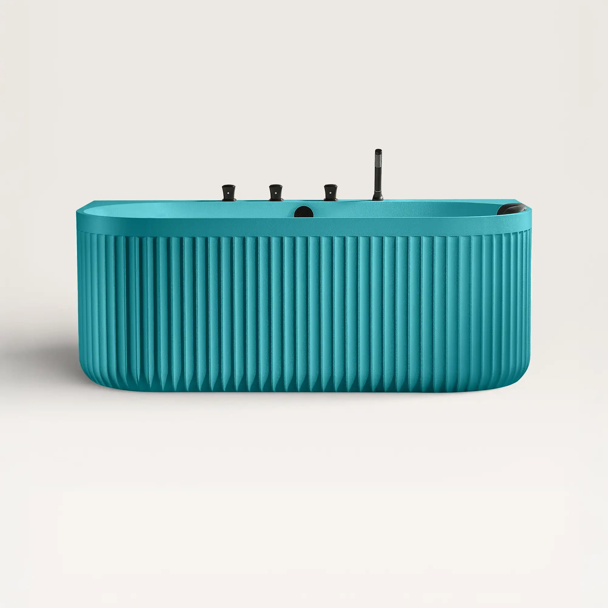 Front view of the DORIA Back-to-Wall Bath with Faucet in celadon blue with black tapware