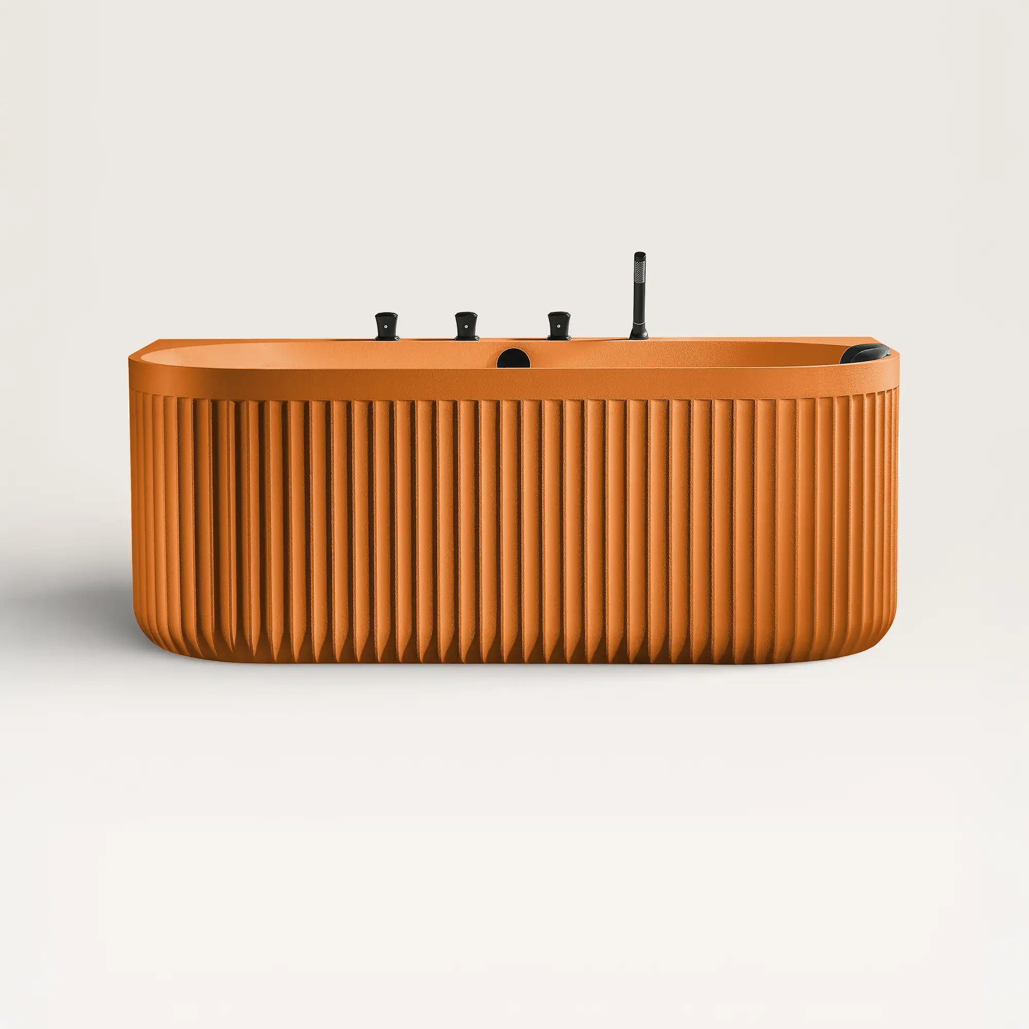 Front view of the DORIA Back-to-Wall Bath with Faucet in orange with black tapware