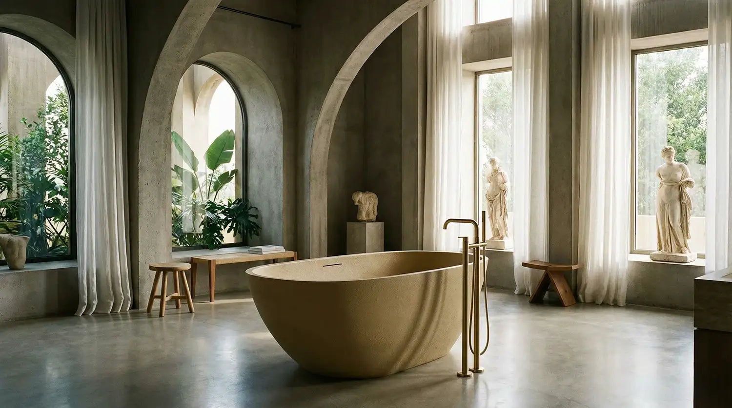 Architectural bathroom with ARIA freestanding bathtub, arched windows, and decorative statues