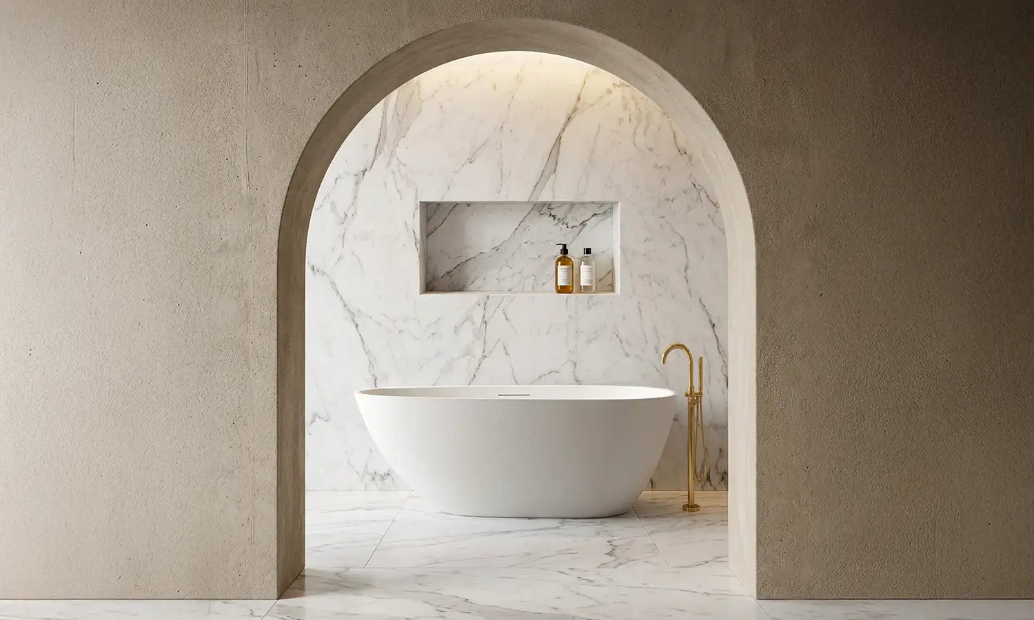 Modern bathroom with ARIA freestanding bathtub, marble walls, and a neutral color palette.