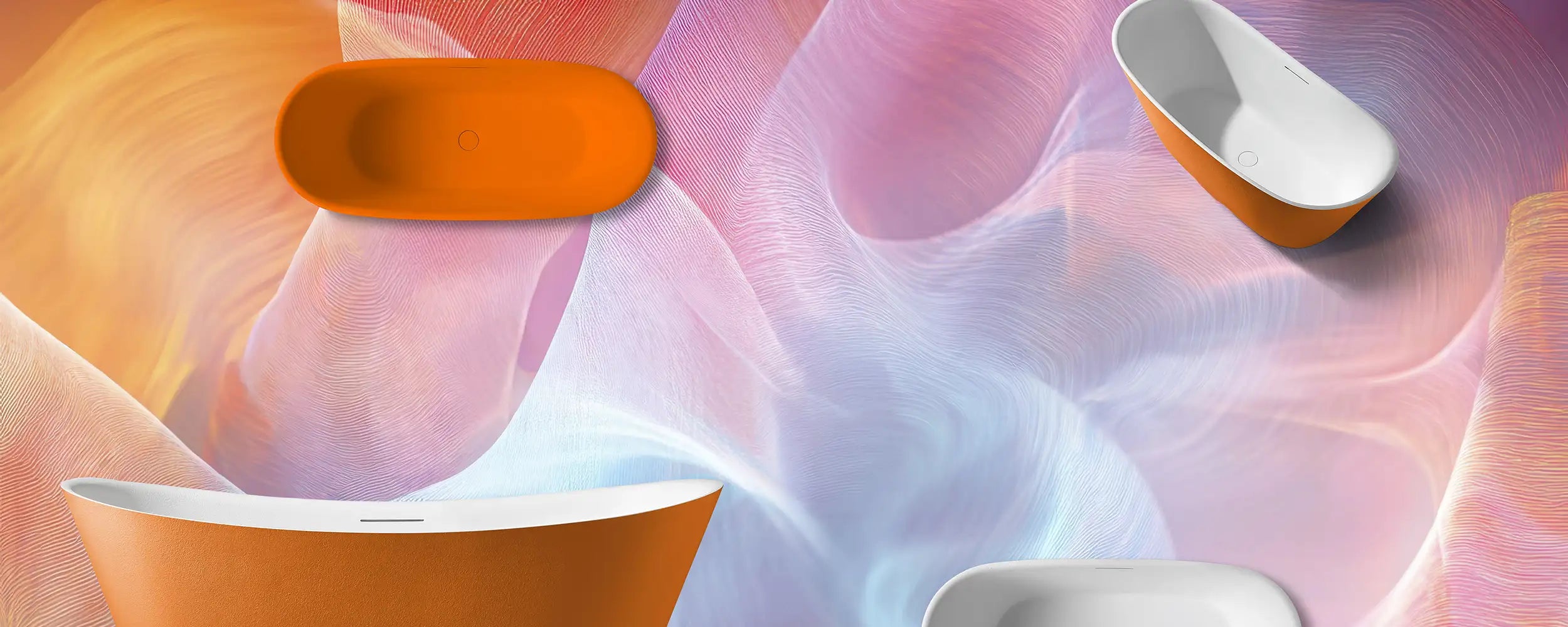 Colorful abstract design with orange and white bathtubs on a pink and blue background