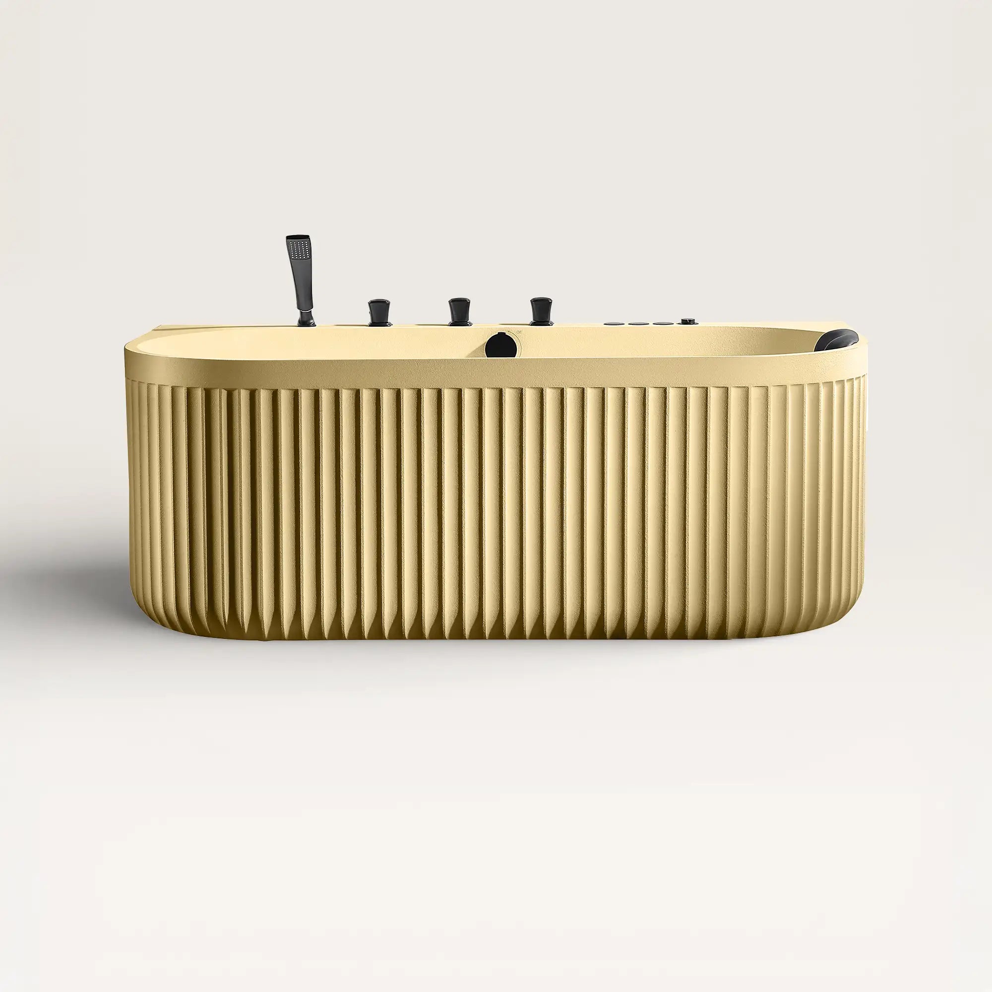 Front view of the DORIA Spa Bath in caramel with black tapware