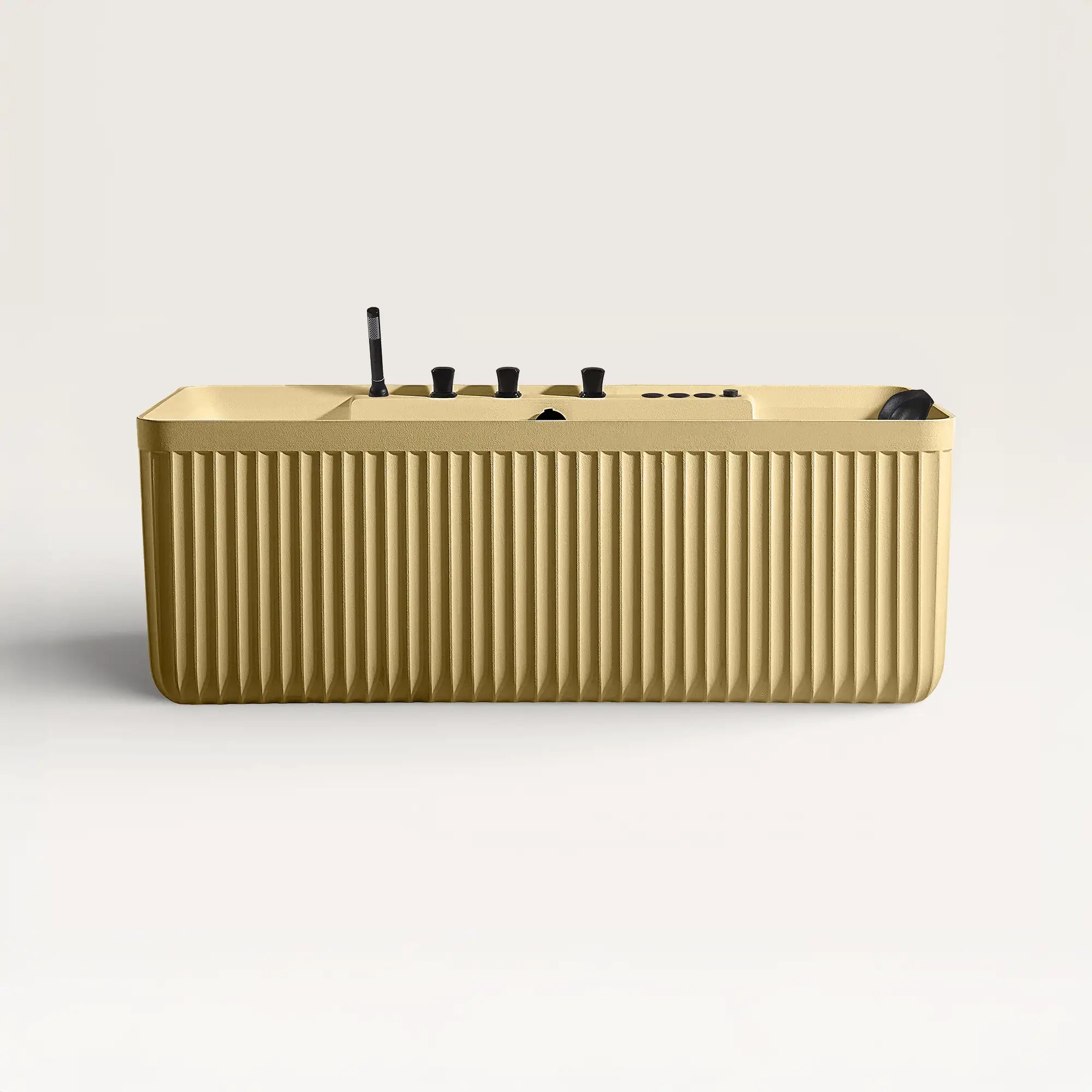 Front view of the Kolpa Spa bath with black tapware in caramel