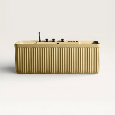 Front view of the Kolpa Spa bath with black tapware in caramel