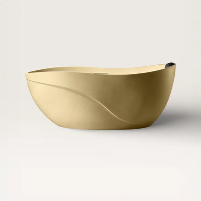 Front view of the Soma freestanding bath in caramel with a black magnetic pillow