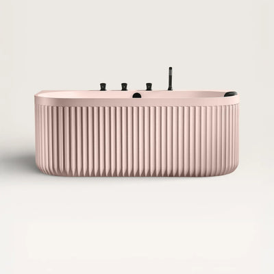 Front view of the DORIA Back-to-Wall Bath with Faucet in pink with black tapware