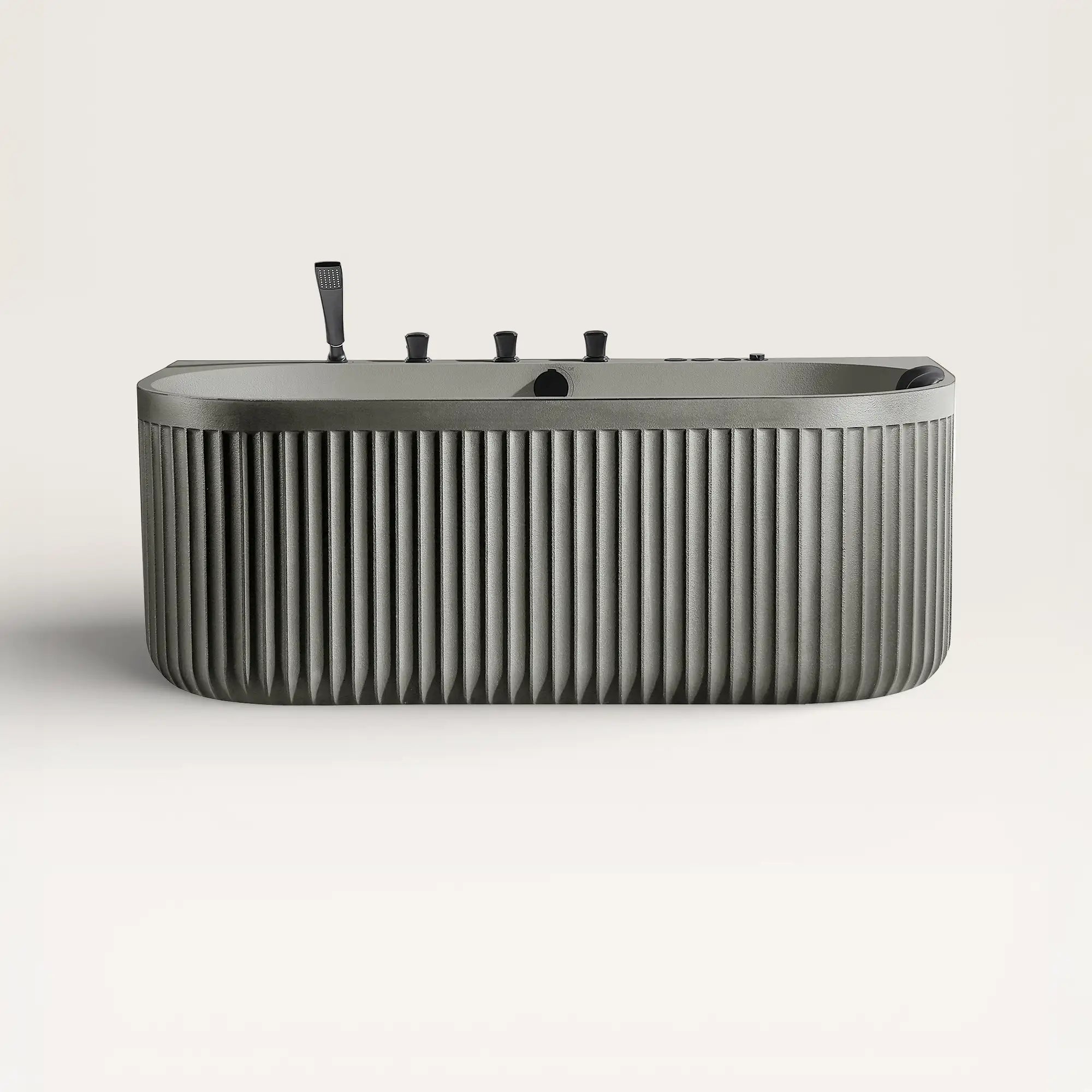 Front view of the DORIA Spa Bath in cement-grey with black tapware