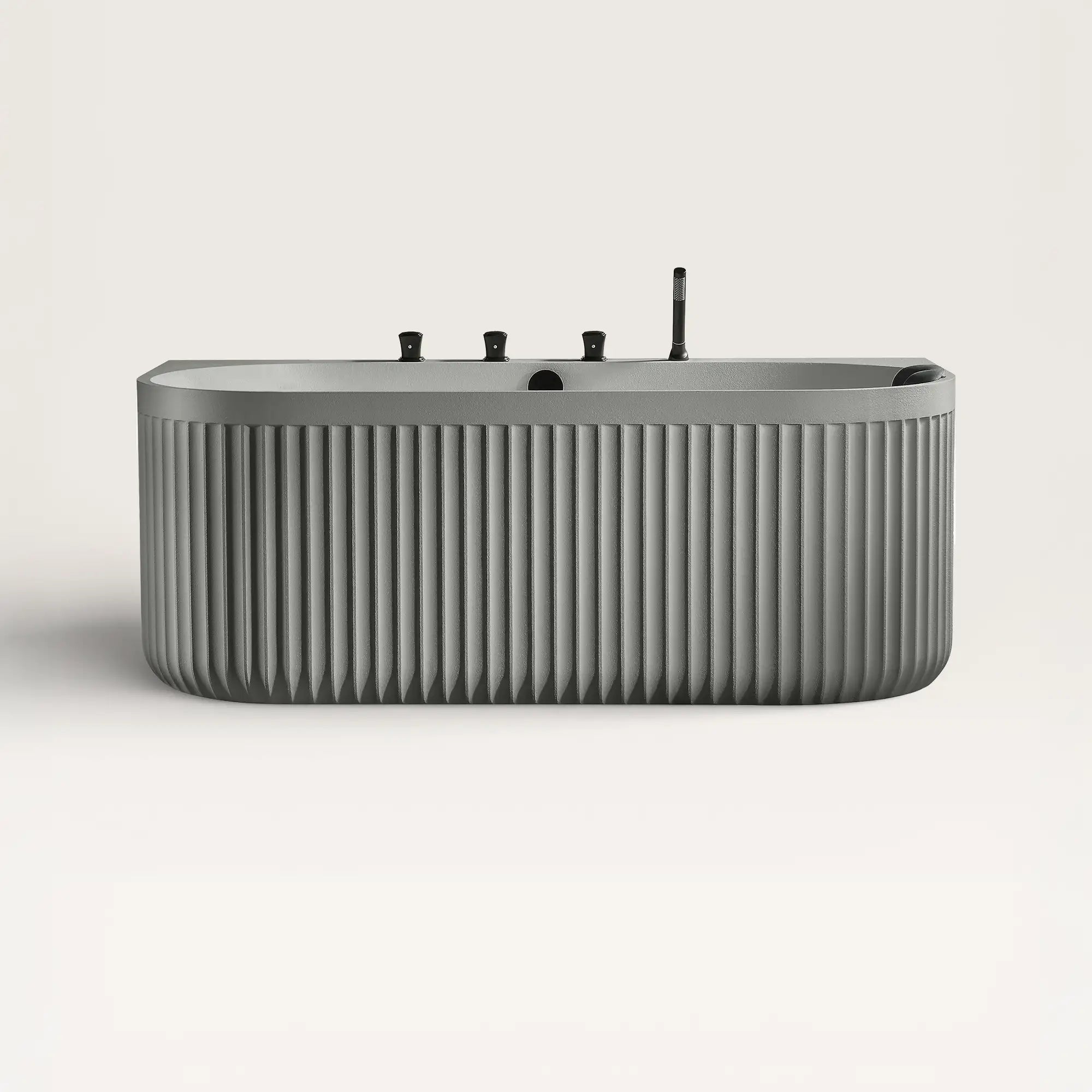 Front view of the DORIA Back-to-Wall Bath with Faucet in cement-grey with black tapware