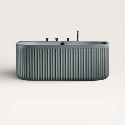 Front view of the DORIA Back-to-Wall Bath with Faucet in blue-grey with black tapware