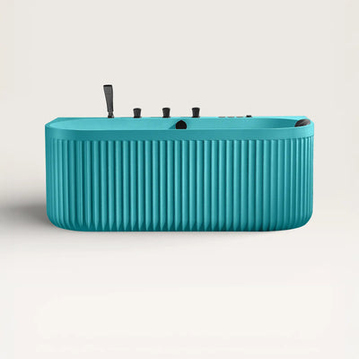 Front view of the DORIA Spa Bath in celadon-blue with black tapware