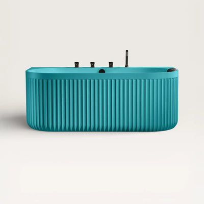 Front view of the DORIA Back-to-Wall Bath with Faucet in celadon blue with black tapware