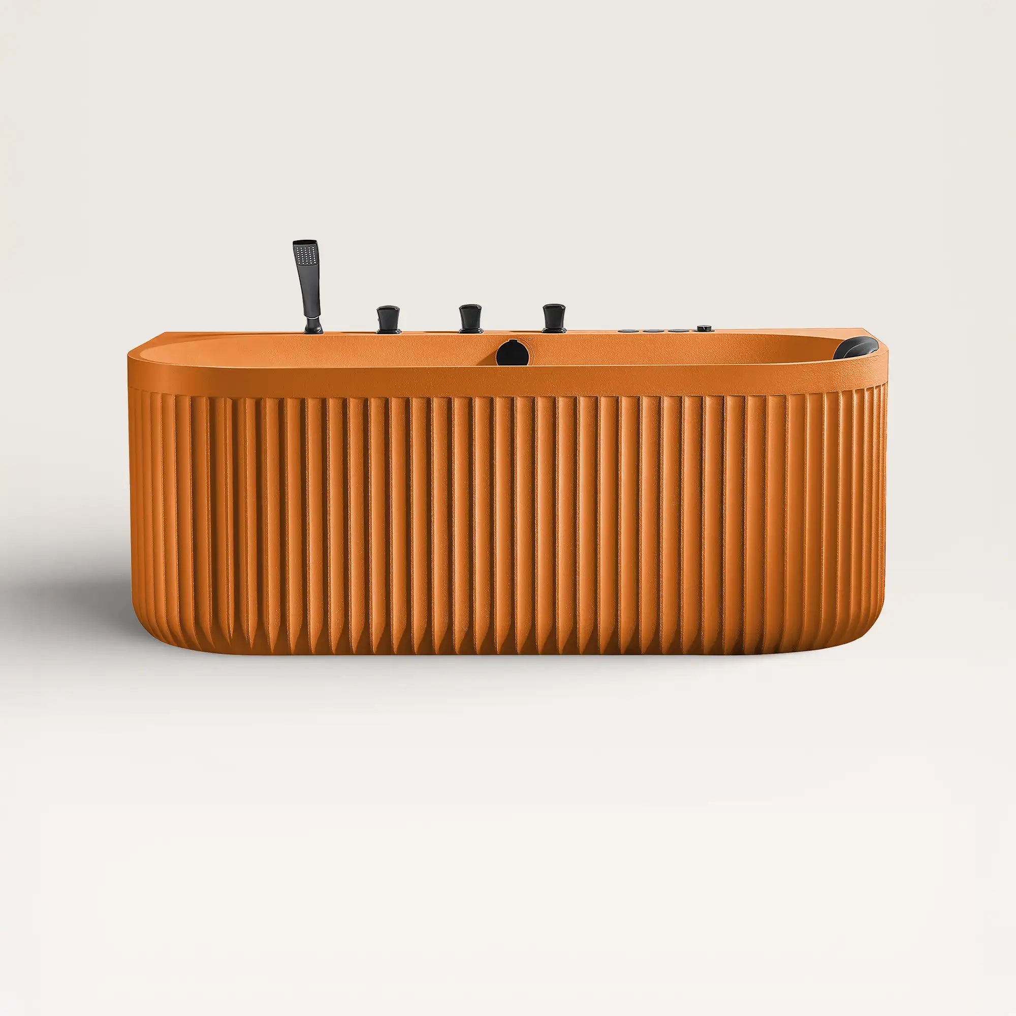 Front view of the DORIA Spa Bath in orange with black tapware