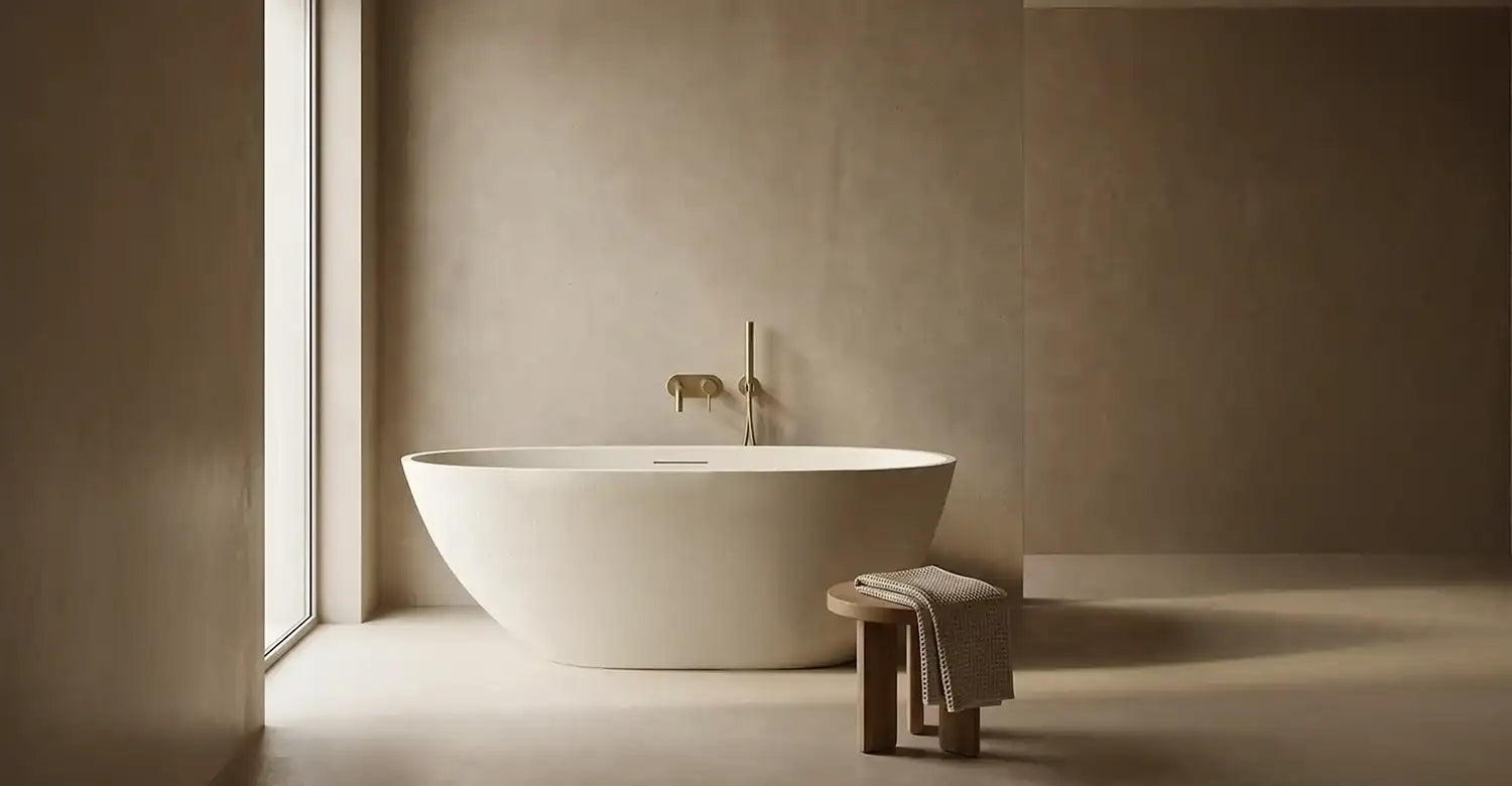Modern bathroom with ARIA freestanding bathtub against a beige wall.