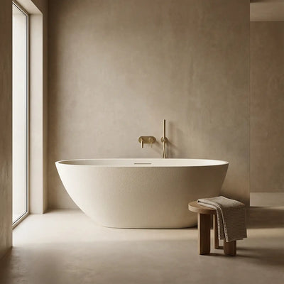Modern bathroom with the ARIA freestanding bathtub in cream and wooden stool.