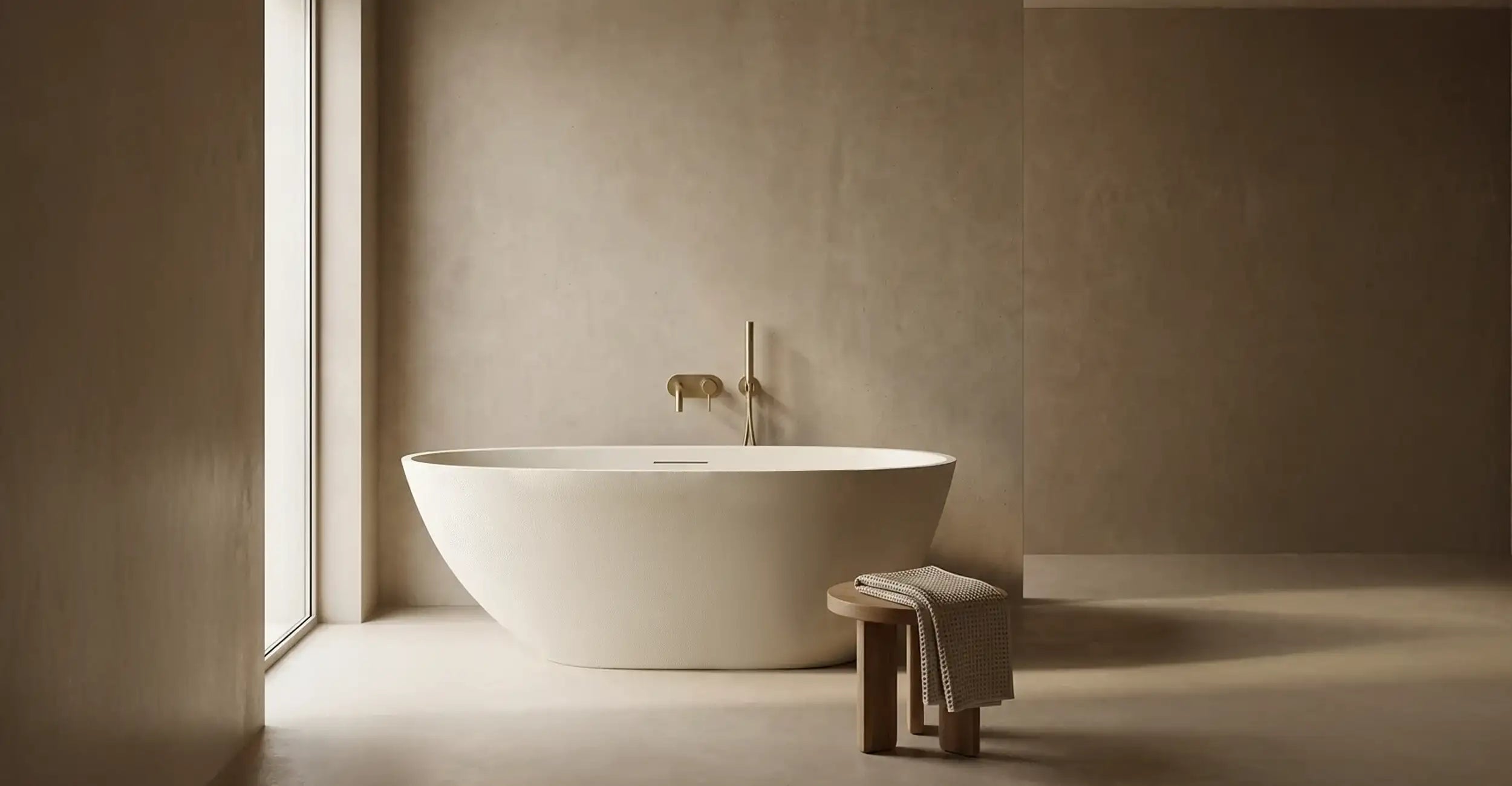Modern bathroom with the Aria freestanding bathtub in cream colour against a taupe concrete wall.