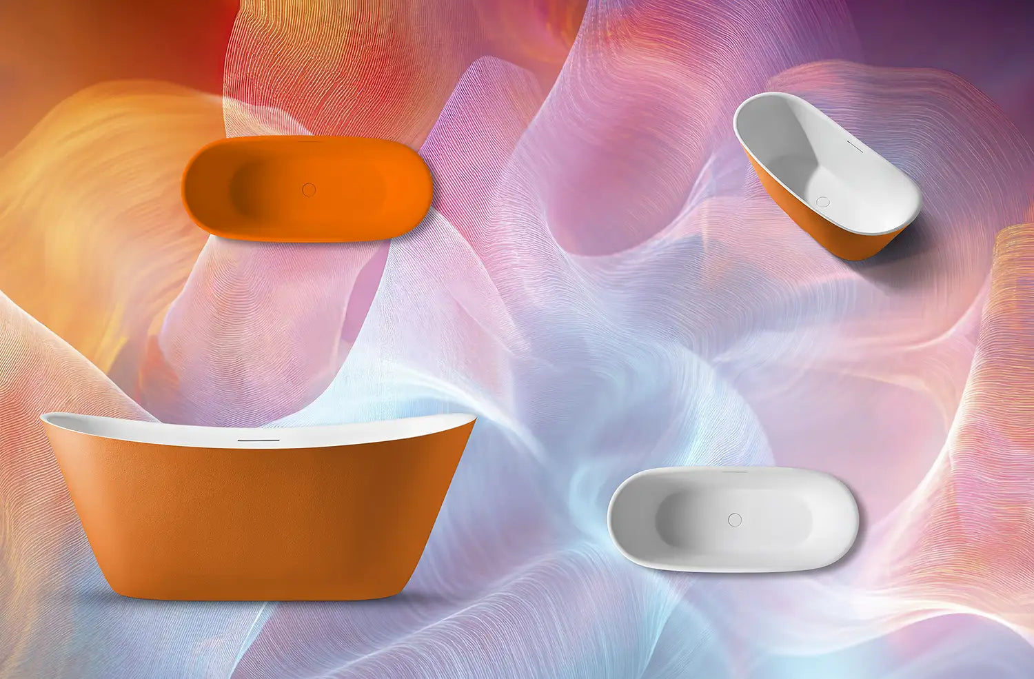 Colorful abstract design with orange and white bathtubs on a pink and blue background