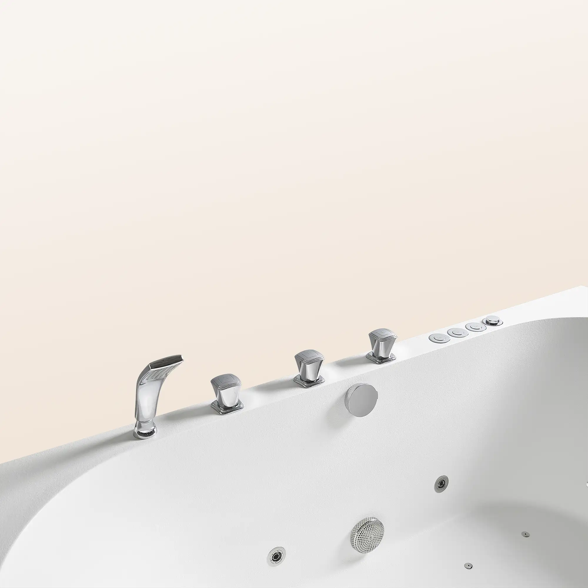A top view of the Doria spa bathtub in white with silver tapware, on a beige background