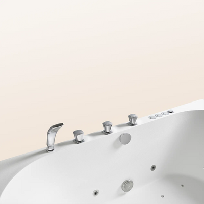 A top view of the Doria spa bathtub in white with silver tapware, on a beige background