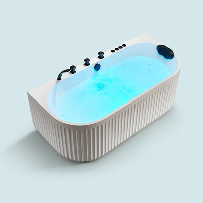 A top view of the Doria spa bathtub in white with black tapware, on a blue background