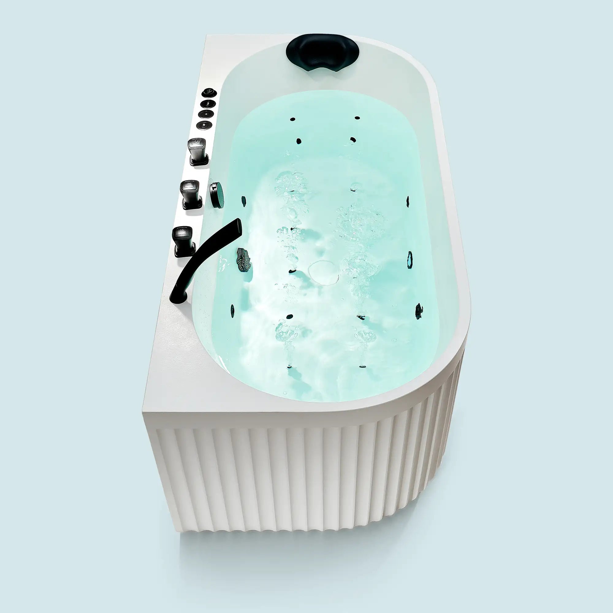 A top view of the Doria spa bathtub in white with black tapware, on a blue background