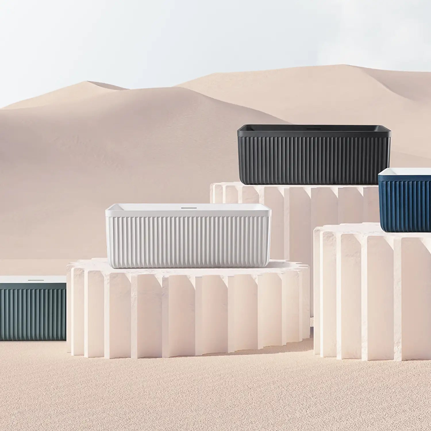 Set of Bellastone baths in various colors on a sandy dunes background